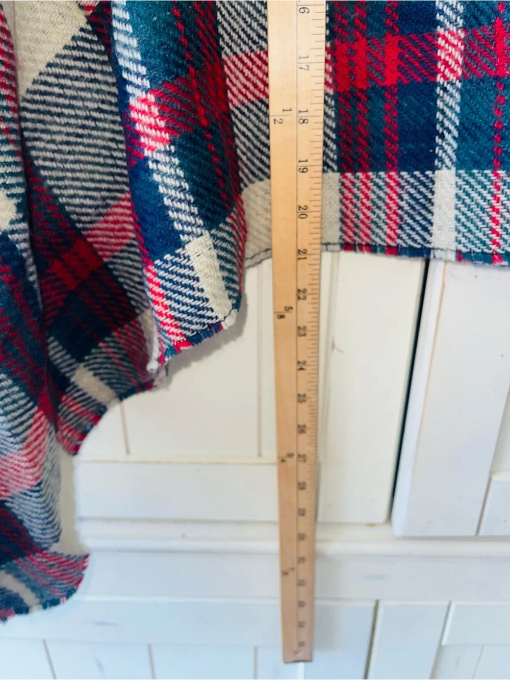 Reversible Plaid Fringe Poncho - Red, Navy & Cream Shawl O/S